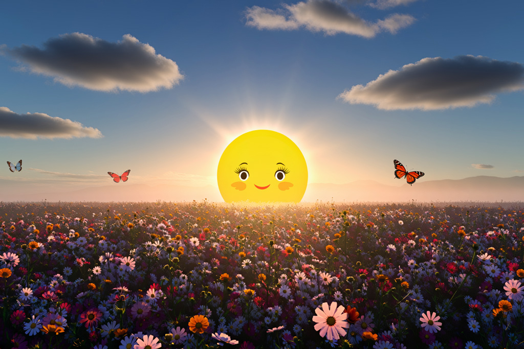 picture of a happy sunrise in a field of flowers
